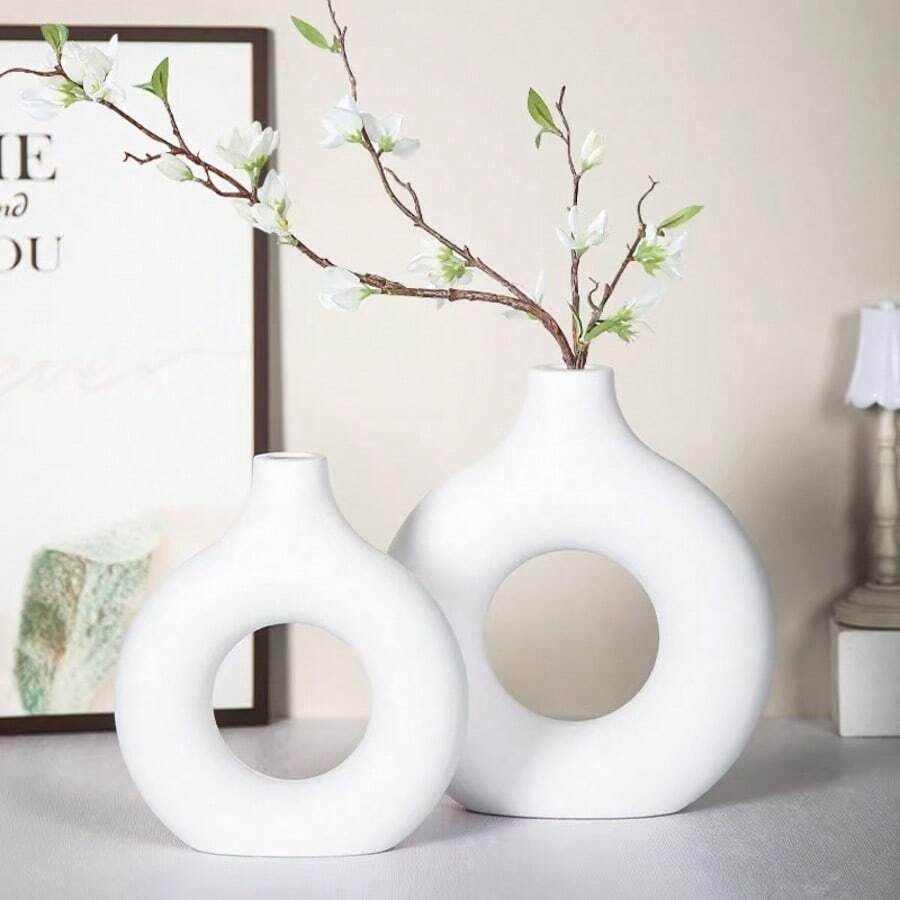 1pc Nordic Style Plastic Vase Decor, Round Vase For Dried Flowers, Living Room, Dining Table, TV Cabinet, Lightweight Luxury Home Decor, Solid Color Donut Vase - Multicolor - View 1