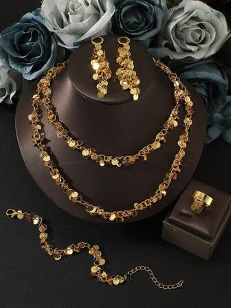 1 Set Stainless Steel Polished Handmade Chain Necklace, 1 Pair Earrings, 1 Open Ring, Bridal Jewelry Set, Suitable For Party, Wedding, Gala, Holiday, Anniversary, Wedding Gift