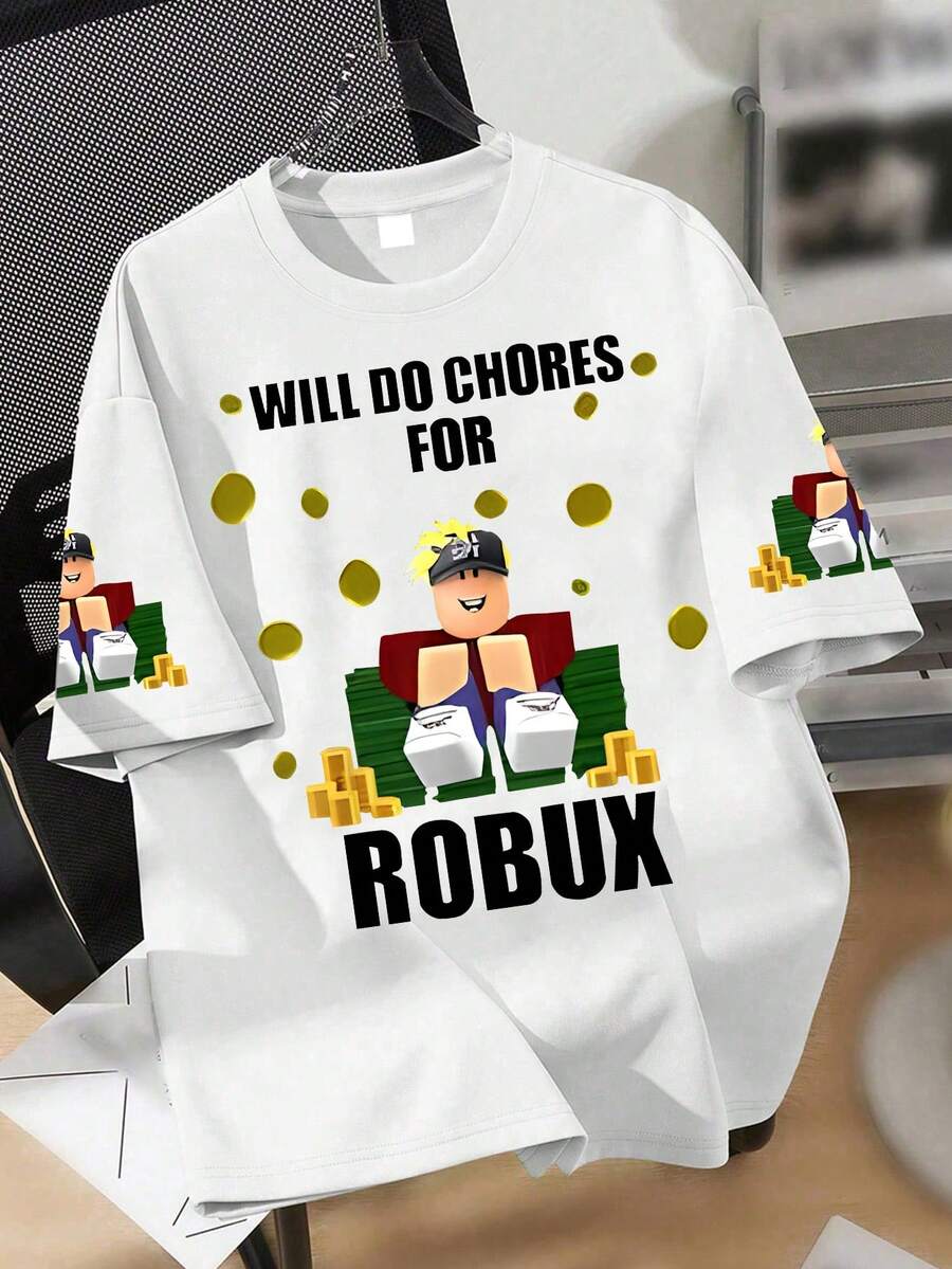 1件男童趣味游戏印花短袖T恤，柔软亲肤，夏季时尚服装 - 白色 - 查看 1