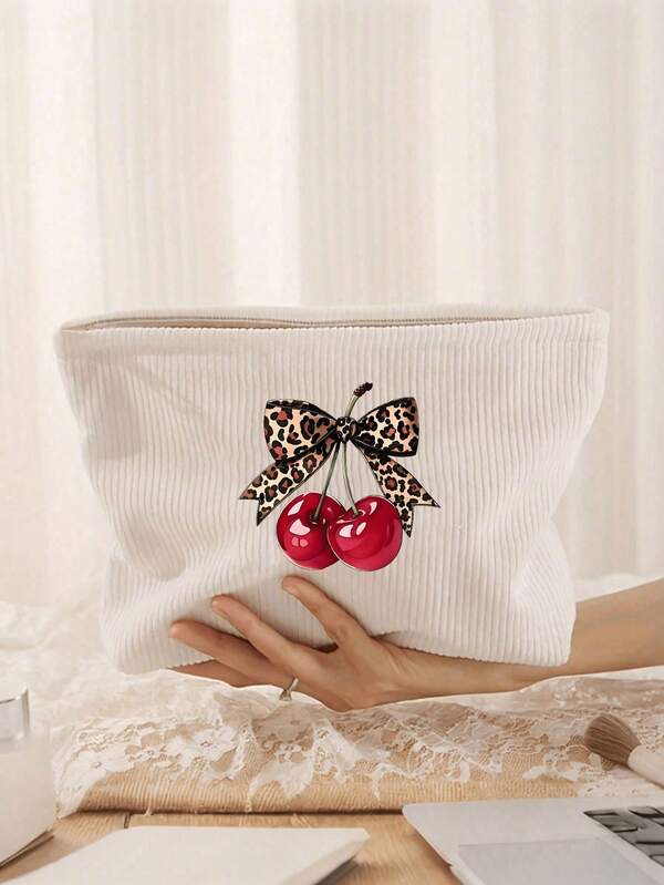 [Lightweight Cherry Bow Makeup Bag] , Chic Cherry Bow Print Corduroy Makeup Bag - Lightweight, Zippered Cosmetic Pouch For Travel & Toiletries,Multifunctional Toiletry Organizer, Unscented, Unisex-Adult, Non-Waterproof Makeup Organizer Makeup Storage Bag Mini Pouch Travel Small Makeup Case Accessories Make Up Holder Brush Bag ,Suitable For Commuting, School And Shopping, Convenient For Outdoor Use, Gift For Friends And Besties