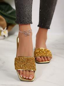 Sandale fără mâneci cu strasuri, pentru femei, ușoare, antiderapante, ținute casual de plajă, potrivite pentru mărimi mari, papuci de vară la modă cu sclipici - Aur - Vizualizare 5