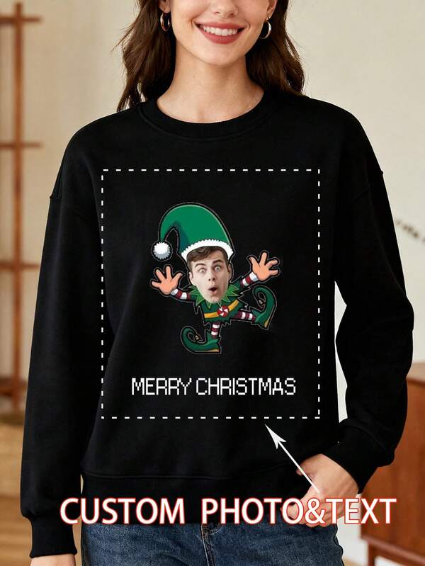 Customized Women's Christmas Round Neck Sweatshirt, Cute Santa Claus Print Pullover, Ideal Choice For Christmas Holiday