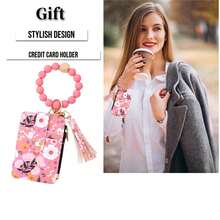 Fashion Card Holder, Cash Wallet With Bohemian Beaded Bracelet Tassel Keychain, Women's Contrast Flowers Prints Credit Card Holder With Portable Wrist String, Bags, Wallets & Card Holders, Coin Purses - 綠色 - 查看 8