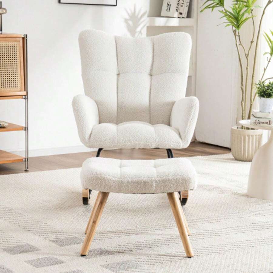 White Ergonomic Rocking Chair, Height 92cm, Seat Width 65cm - Includes Footrest (49*38*38cm), Sturdy Rubberwood Frame, Load Capacity Up To 250lbs, Rocking Chair With Hangers, Armchair