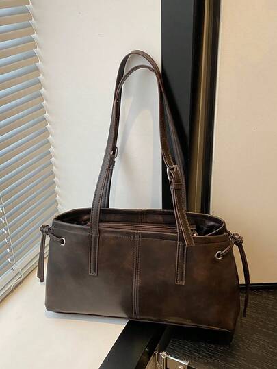 New Autumn And Winter Season Retro Fashion Solid Color Tote Bag With Zipper Opening, Lightweight And Minimalist Design, Large Capacity Single-Shoulder Tote Bag. Suitable For Women's Daily Life, Leisure, Commuting, Work, Vacation And Student Use.