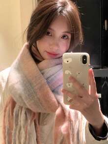 女士粉色格子围巾，保暖披肩，学生风，流苏围脖，2020-2025新款，冬季连衣裙搭配 - 粉色 - 查看 3