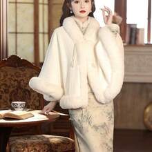 New Fleece-Lined And Thickened Cape Shawl, Elegant And High-End, Warm Winter Plush Coat. - 國鳳白色 - 查看 9