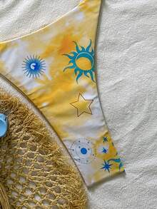 Women's Bohemian Style Backless Halter Tie Bikini Set, Sun And Star Print High Elastic Fabric, Suitable For Beach Vacation, Pool Party And Summer Outing - Multicolor - View 7