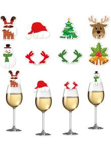 2026 圣诞快乐香槟酒杯帽子卡片标志，圣诞派对晚餐纸标签座位卡桌饰圣诞节家居装饰，圣诞节酒杯标记装饰杯卡圣诞老人雪人树酒饰麋鹿酒杯装饰家居餐桌座位卡圣诞节礼物新年派对酒杯装饰用品 - 彩色 - 查看 1