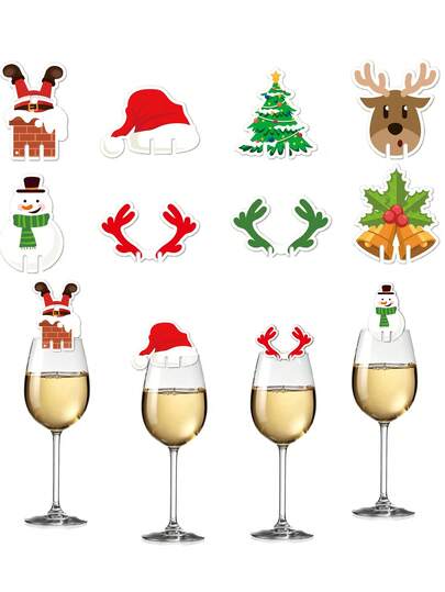 2026 圣诞快乐香槟酒杯帽子卡片标志，圣诞派对晚餐纸标签座位卡桌饰圣诞节家居装饰，圣诞节酒杯标记装饰杯卡圣诞老人雪人树酒饰麋鹿酒杯装饰家居餐桌座位卡圣诞节礼物新年派对酒杯装饰用品