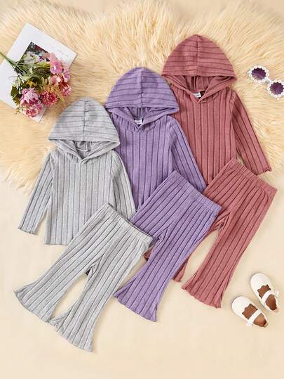 6pcs Baby Casual Solid Color Soft Stretch Long Sleeve Top And Flare Pants Outdoor Suit, Autumn/Winter