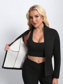 2pcs/Set Autumn/Winter Sports Outfit, Fleece Jacket And Thermal Lined Flared Pants - Black - View 6