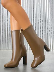 女士经典踝靴，方头粗跟靴，短筒靴，皮靴，一脚蹬侧拉链性感夜店舒适优雅踝靴，棕色靴子 - 棕色 - 查看 2