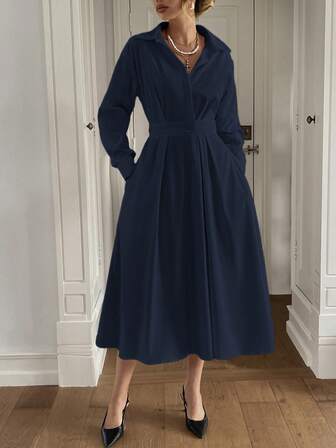 Unadoll Women's Shirt Collar With Long Sleeves, Waist Cinched And Folded, Elegant All White Dress, Suitable For Dates And Vacations, Back To School,Christmas