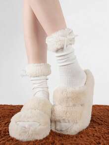 1 Pair Fluffy Bow Lolita Mid-Calf Socks For Women, Thick Lamb Wool Blend, Elegant, Comfortable, Soft, Casual, Suitable For Spring/Summer, Elegant Japanese Style Daisy Embroidered Casual Short Socks - Multicolor - View 6