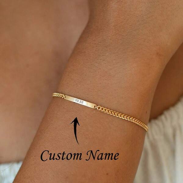 Personalisiertes Mini-Bar-Armband mit Kette - Zierliches, personalisierbares Namensarmband zum Übereinanderlegen, verstellbares Namensarmband, Hochzeitsschmuck, Jahrestags-, Valentinstags-Geschenk für Freund, Freundin, Ehemann, Weihnachtsgeschenk