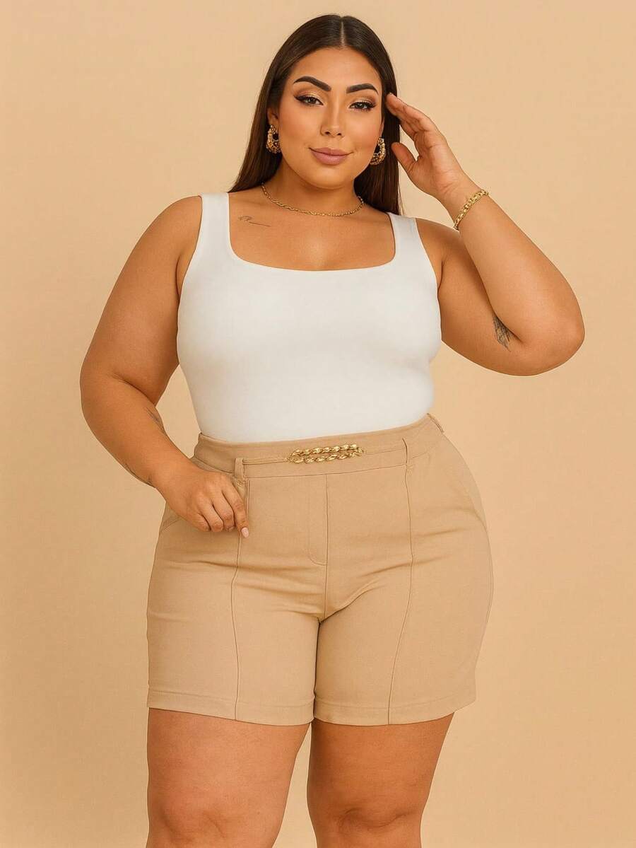SHORT FEMININO PLUS SIZE DE CORRENTE NOVO PRIMAVERA VERÃO - Bege - Visão 1