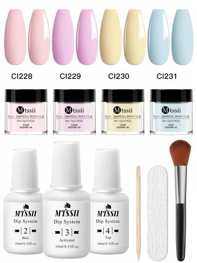 10 piezas/set Kit de polvo para uñas de inmersión Juego de polvo acrílico de 10 ml Polvo de uñas rosa macaron azul cromado con base, top coat, activador y pincel para arte de uñas francesas, manicura de salón DIY regalo sin necesidad de curado con UV LED