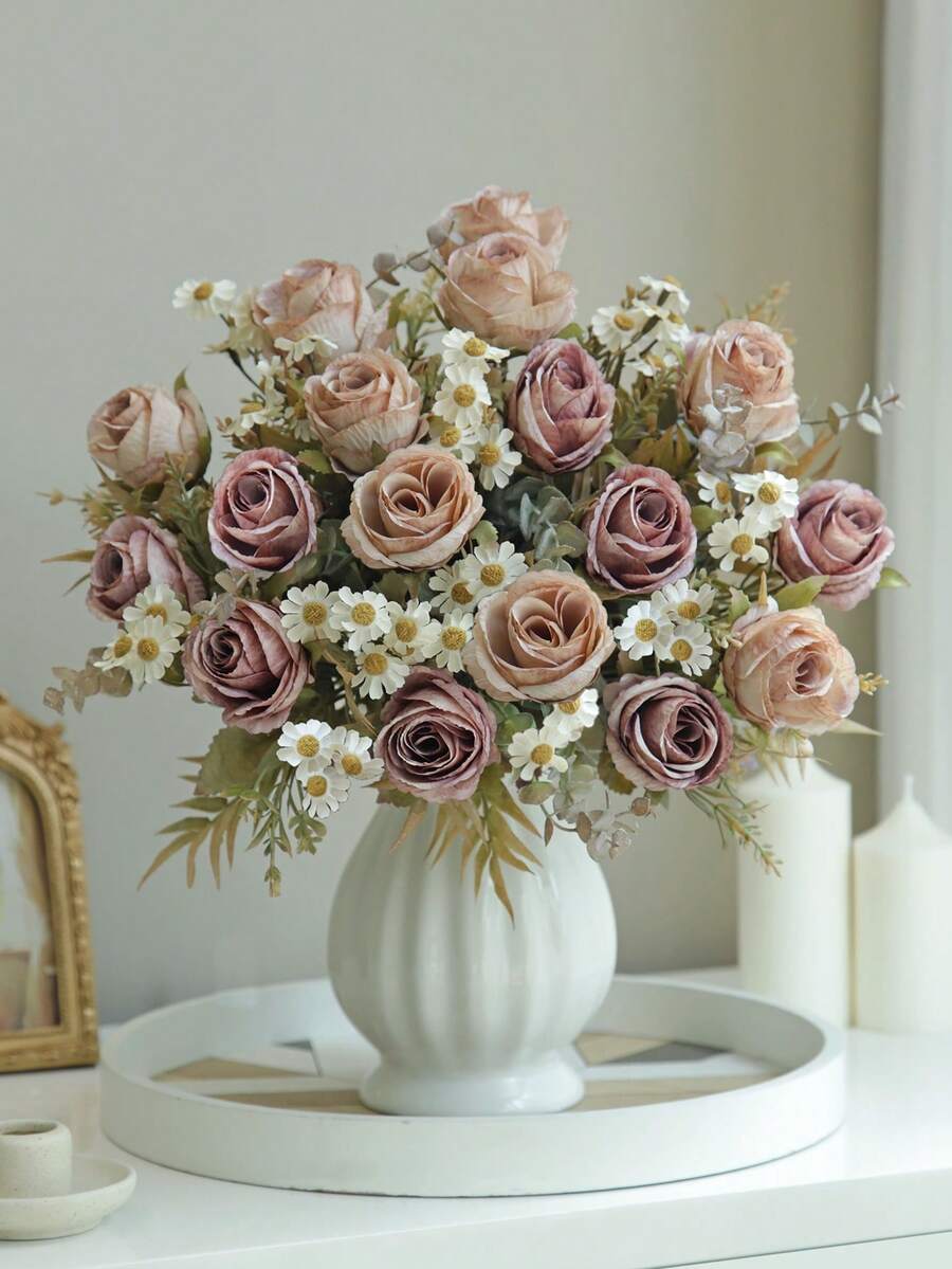 1/80pcs 12.59inch Artificial Flower Rose Bouquet, Embroidered Ball, Peony Mixed Flowers, Bride Holding Bouquet, Wedding Decoration, Diy Wreath Materials, Birthday Party Decoration Materials, Home Dining, Living Room, Vase, Outdoor Garden, Winter Home Decoration, Birthday Gifts