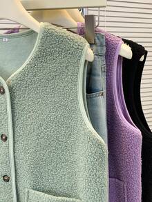 YUXIN 秋冬季女士必备单品！柔软仿羊羔绒无袖开衫背心，配有双口袋，超级保暖，日常百搭。 - 綠色 - 查看 9