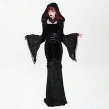 Devil fashion 一件哥特风蕾丝拼接连帽长裙，收腰设计，暗黑美学风格，适合演出、角色扮演、秋冬季穿着。 - 黑色 - 查看 2