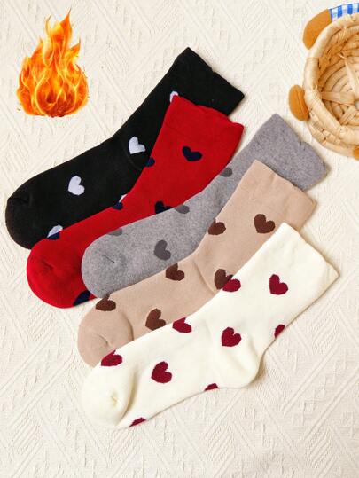 3 Pairs Of Women's Heart Pattern Mid-Calf Socks White Crew Socks, Soft & Comfortable, Cute, Fashionable And Versatile For Everyday Use, Random Colors