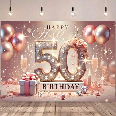 באנר רקע ליום הולדת 50, באנר חגיגת יום הולדת 50 בצבע זהב וזהב ורוד, עיצוב מסיבה אלגנטי עם כוס שמפניה, בלונים וקופסת מתנה, מתאים לשימוש פנימי/חיצוני, קישוטי מסיבת יום הולדת 50, עיצוב שולחן עוגה, עיצוב גינה לבית ולסלון
