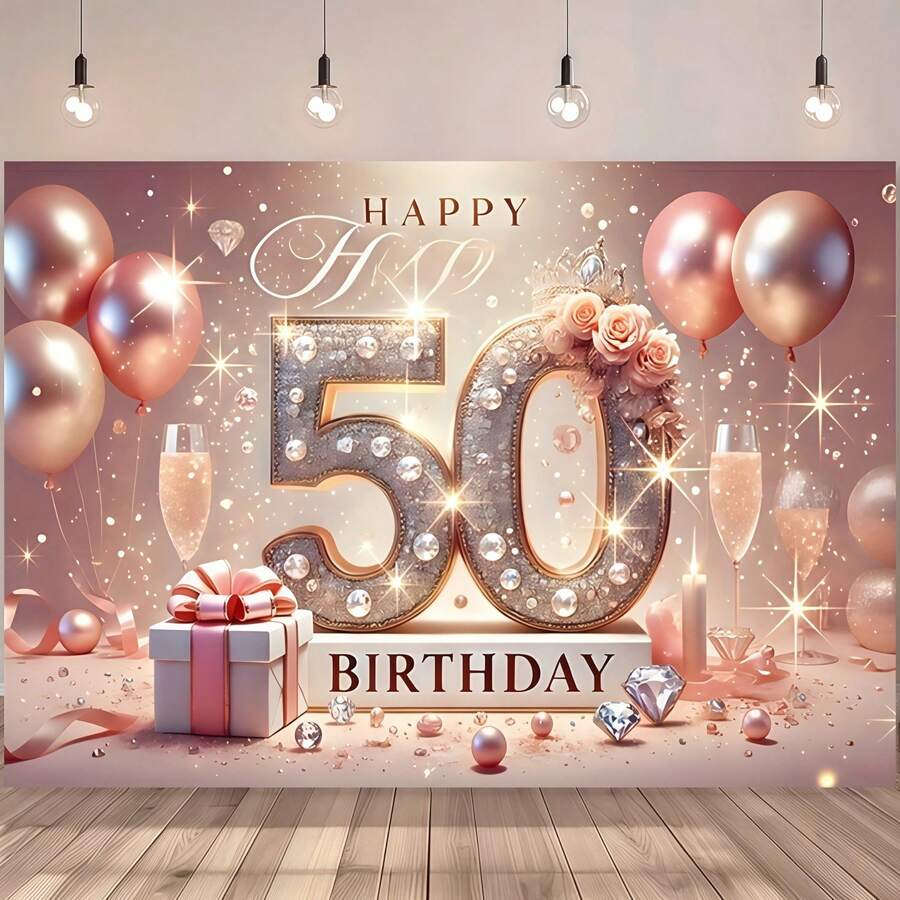 50th Birthday Backdrop Banner, Gold And Rose Gold 50th Birthday Celebration Banner, Elegant Party Decor With Champagne Glass, Balloons And Gift Box Design, Suitable For Indoor/Outdoor Use, 50th Birthday Party Decorations, Cake Table Decor, Home Garden And Living Room Decor - Multicolor - View 1