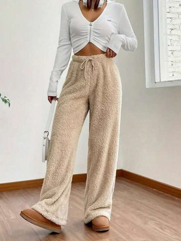 Pantalon ample et moelleux pour femmes, en tissu long et non extensible, avec cordon de serrage confortable aux chevilles