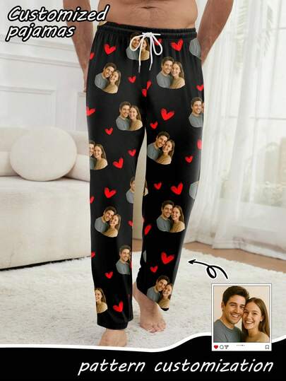 1 Customized Couple Portrait Men's Sleepwear, Romantic Heart-Shaped Home Pants, Comfortable Sleepwear Gift, Autumn Gift