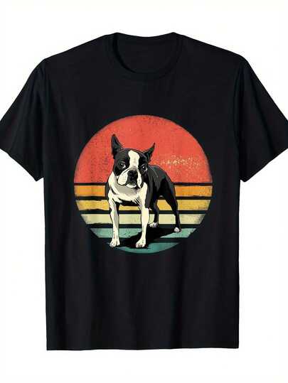 Camiseta Gráfica de Boston Terrier Vintage de Allseason Apparel - Camiseta Retro para Amantes de Perros con Rayas en Colores del Atardecer, Algodón 100%, Manga Corta Unisex para Hombres y Mujeres (S-XXXL, Negra) - Estampado Duradero, Tejido Lavable a Máquina, Regalo Ideal para Dueños de Mascotas