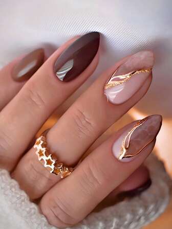 24 piezas de pegatinas de uñas de línea de arte dorado en forma de almendra mediana, decoración de color nude, diseño de arte de línea, estilo elegante, superficie lisa, uñas postizas de cobertura completa, adecuadas para uso diario de mujeres y niñas, apropiadas para la temporada de otoño/invierno