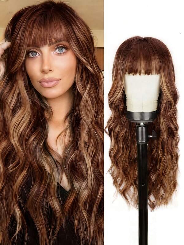 Bangs Long Curly Hair Temperament Fashion High Temperature Silk Wig Female Full Head Head Swirl Style Water Ripple Long Curly Hair Synthetic Wig Head