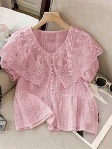 Women's Embroidered Mesh Patchwork Puff Sleeve Single-Breasted Blouse, Autumn - Pink - View 5
