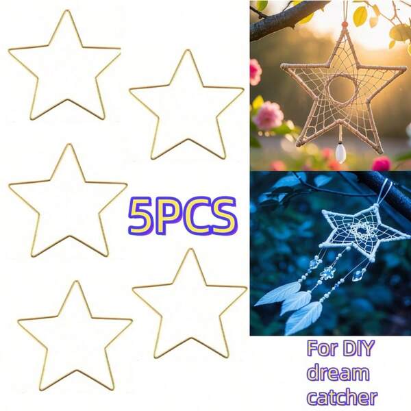 Set de 5 anillos metálicos con forma de estrella dorada para marcos de atrapasueños DIY, anillos de encaje artesanal, accesorios colgantes para móviles de boda - Color original de hierro