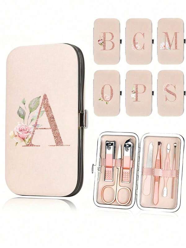 7pcs/Set First Letter Printed Travel Nail Kit, Pink Letters A-Y, Large Capacity Nail Care Box Storage Box, With Stainless Steel Tools, Ultra Sharp And Splash Free Nail Clipper Set, Classic Design Cutting Box, Used For Mobile Beauty Essentials, Travel, Outings, Residential School And Home Essentials