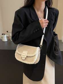 1 件装 时尚米色绒面仿毛皮饰边迷你手提包 女士 - 米色 - 查看 5