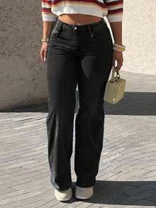 Women's Insert Pocket Loose Casual Basic Straight Jeans - Black - View 2