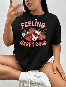 Women's Plus Size-Shirt Oversized Crop Top Black White Color Options Feeling Berry Good Strawberry Graphic Print Casual Summer Outfit Tops Women Graphic Tees Women Crop Tops Summer Tops Cute Vintage Cotton Fashion Shirts Summer Tops Graphic Tees Summer Outfits Women Graphic Tees Women Crop Tops Tops Women Vintage Cotton Cute Clothes Women - 黑色 - 查看 8
