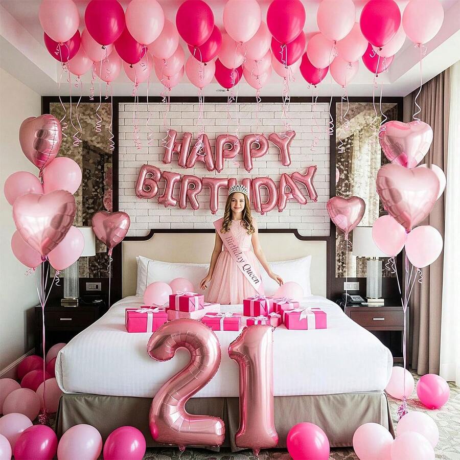 59/61件組女性粉色生日裝飾套裝 - 生日快樂橫幅 + 心形鋁箔氣球 + 玫瑰色與粉色加厚乳膠氣球，適用於生日派對、成人生日、18/21/30歲生日裝飾、拍照背景裝飾