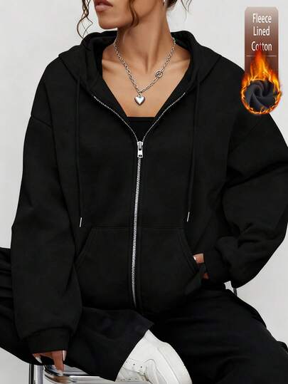 Bawełniane bluzki damskie, damska czarna bluza z opadającymi ramionami, gruba tkanina, ciepła, luźna bluza z kapturem zapinana na zamek na jesień i zimę, odpowiednia na zimną pogodę