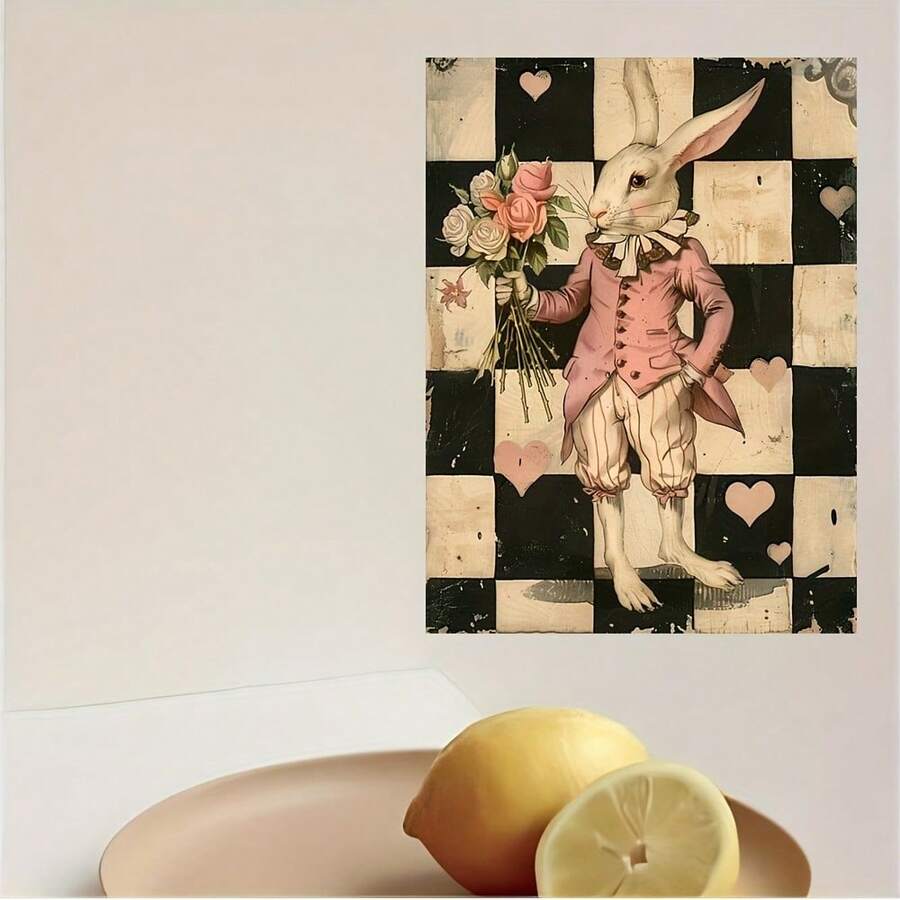 White Rabbit Canvas Print - Elegant Dressed Rabbit With Bouquet - Modern Wall Art Poster For Living Room, Bedroom - Gift-Ready Unframed Abstract Oil Painting Style Poster - Multicolor - View 1