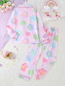 2pcs/Set Girls & Teens Casual Floral Print Lapel Long Sleeve Cardigan And Pants Sleepwear Set, Flame Retardant, All Season