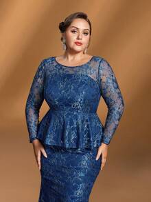 Faeriesty Mosy​ ​Elegant Plus-Size Mother Of The Bride Dress: Small Round Neckline, Flattering Long Sleeves, Dramatic Fish Tail Skirt, Chic 2 In 1 Design. Perfect For Formal Wedding Ceremonies, Black Tie Galas, Grand Evening Banquets, Upscale Anniversary Celebrations, Sophisticated Fundraising Balls.​​ - Navy Blue - View 7