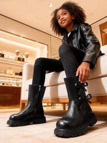 1 Pair Beige & Black Soft Comfortable PU Leather Knee-High Boots For Toddler/Little Girls, With Bow, Zipper, Round Toe, Warm Lining, Classic High Boots, Suitable For 3-15 Years Old Girls For Daily, Vacation, School Wear In Autumn/Winter - 黑色 - 查看 2