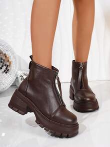 秋冬新款女士踝靴，英伦风时尚厚底圆头靴，外穿踝靴，粗跟厚底拉链踝靴 - 棕色 - 查看 2