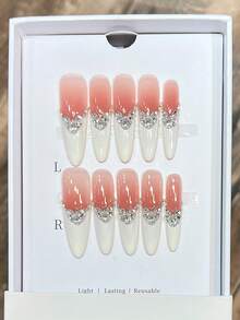 10pcs Ombre Glitter Nail Stickers, Nude & White French Manicure Nail Wraps With Rhinestones, Oval Pointed False Nails, Suitable For Wedding, Valentine's Day, Party And Daily Wear, Includes Gel Glue And Nail File, DIY Nail Art Supplies Handmade Press On Nails - Baby Pink - View 6