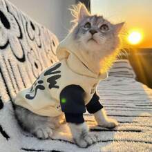 1pc Dog Hoodie, Beige & Navy Blue Contrast, Warm For Autumn/Winter, Made Of Polyester - Multicolor - View 1