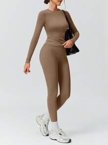 2pcs Women's Soft Fleece Crew Neck Long Sleeve T-Shirt And Elastic Soft Skinfit Sports Pants Set, Outdoor Hiking Fitness Slim Fit Crew Neck Running Yoga Suit - 巧克力棕 - 查看 10