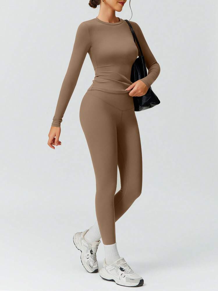 2pcs Women's Soft Fleece Crew Neck Long Sleeve T-Shirt And Elastic Soft Skinfit Sports Pants Set, Outdoor Hiking Fitness Slim Fit Crew Neck Running Yoga Suit - 巧克力棕 - 查看 10